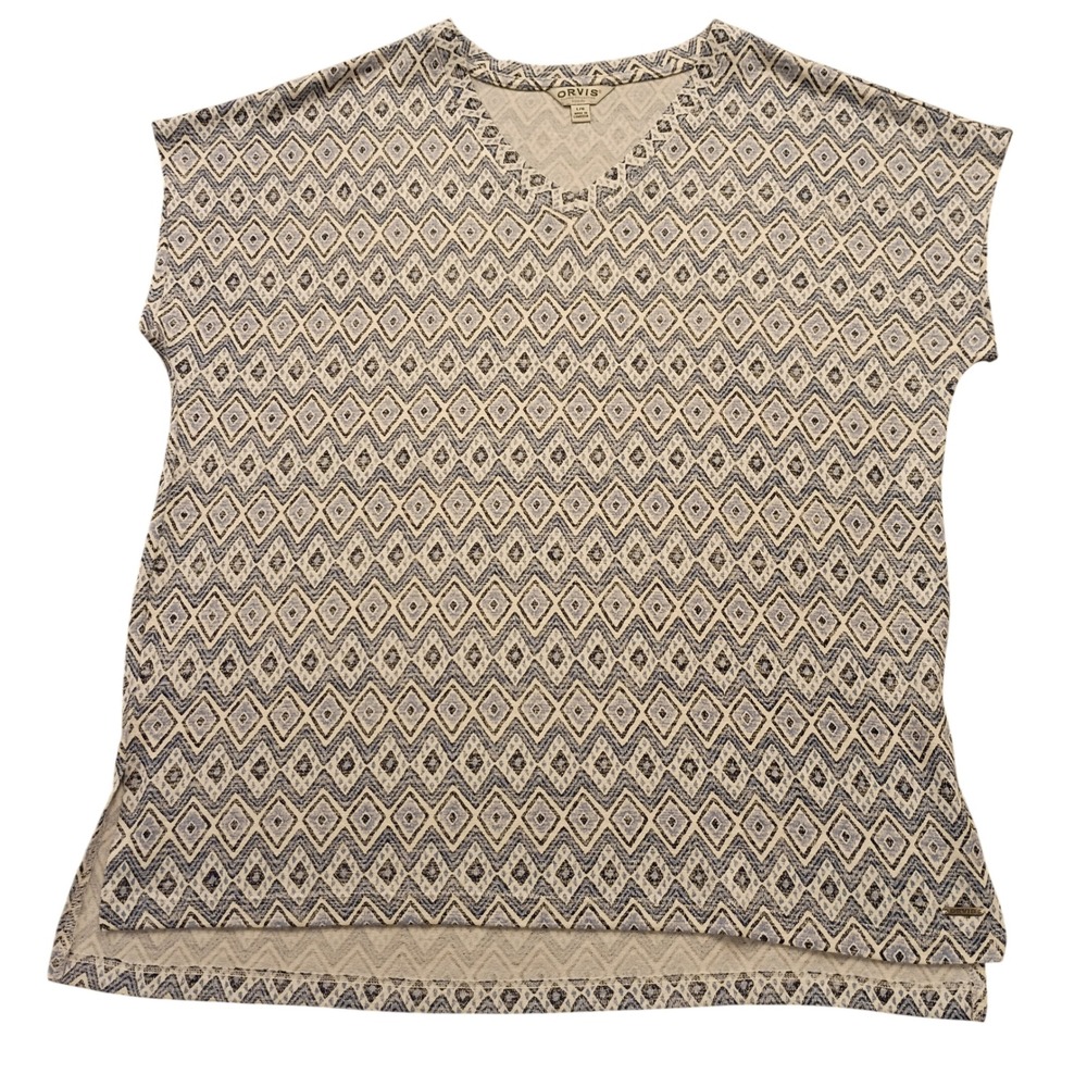 ORVIS Classic Collection Top Large Geometric Print V Neck Cap‎ Sleeve